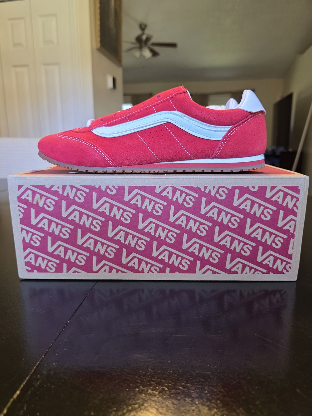 VANS Super Lowpro Racing Red Suede Low Top Sneakers Lace Up woman size 9 men 7.5